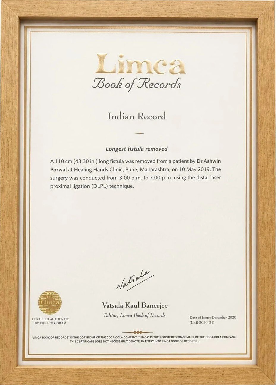 Official Limca Book of Records certificate - Indian Record for longest fistula removed